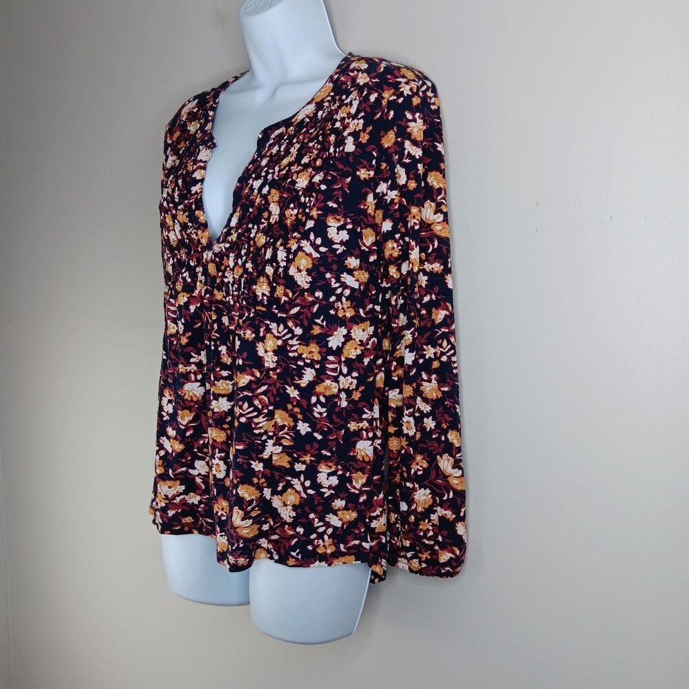 Lucky Brand Top Shirt Small Floral Print Jersey Stretch Peasant Cottagecore Fall - Picture 2 of 8